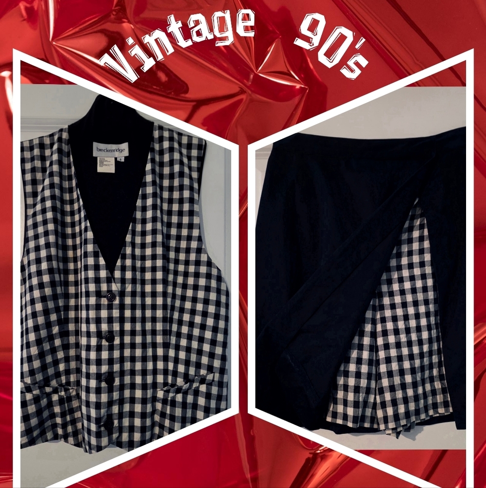 📣 Vintage 90s Breckenridge Vest Skort Set Gingham Black & Off White Check SZ 8